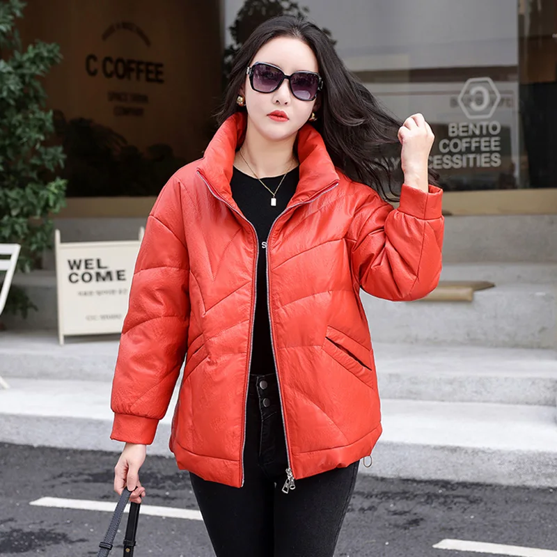 

New Women Winter Red Leather Down Jacket Fashion Casual Stand Collar Loose Sheepskin Down Coat Split Leather Warm Outerwear