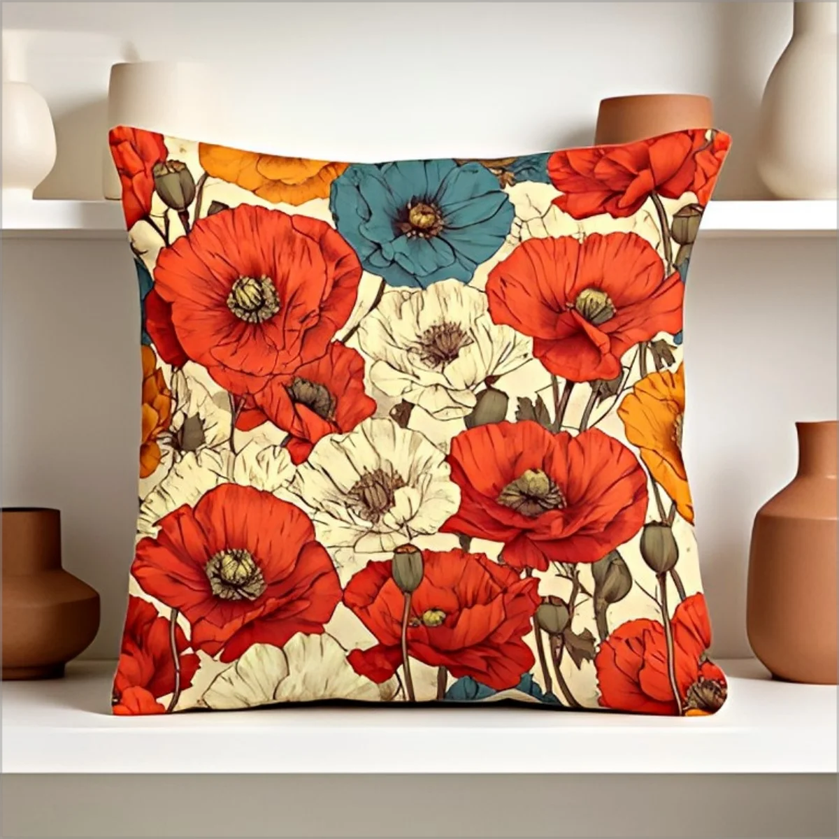 Vintage Boho Mohn-Blumen Kissenbezug Retro Rot-Blaue Blumendruck Dekorative Kissenhülle für Zuhause Sofa Couch Deko Geschenk