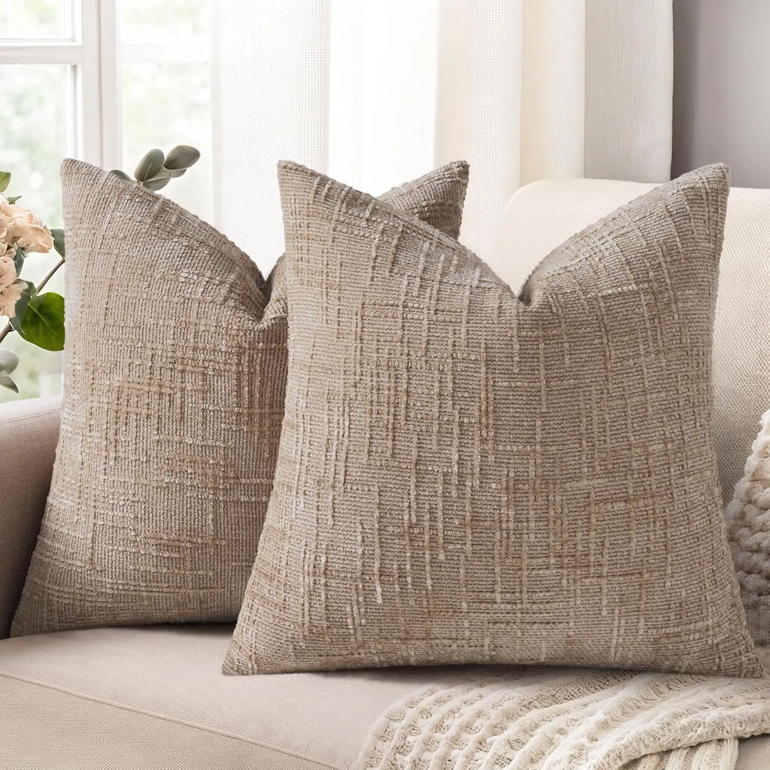 Chenille Throw Pillow Covers Soft Neutral Decorative Throw Pillows for Couch Sofa Boho Accent Cushion Covers Bedroom Living Room