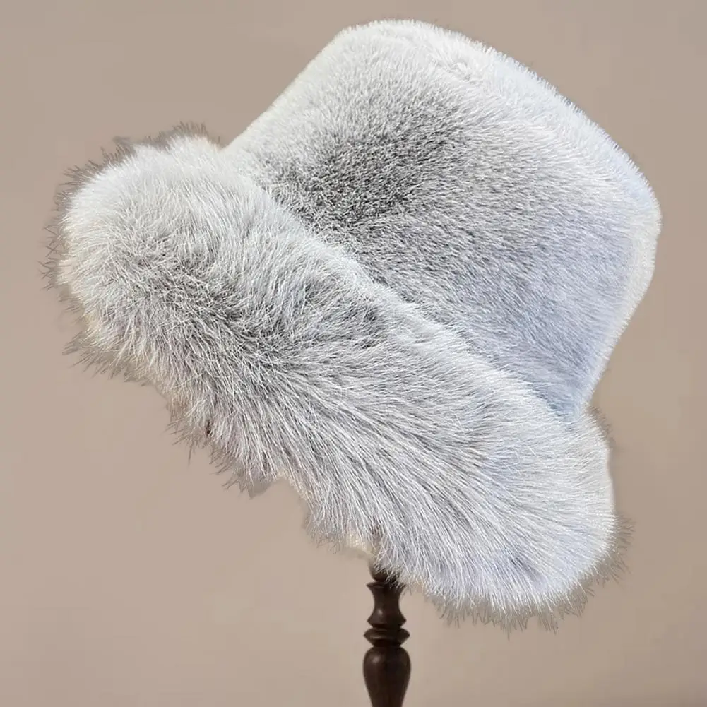 Knitted Pom Pom Hat Cozy Faux Fur Winter Bucket Hat for Women Thickened Windproof Dome Cap with Heat Retention Stylish Outdoor