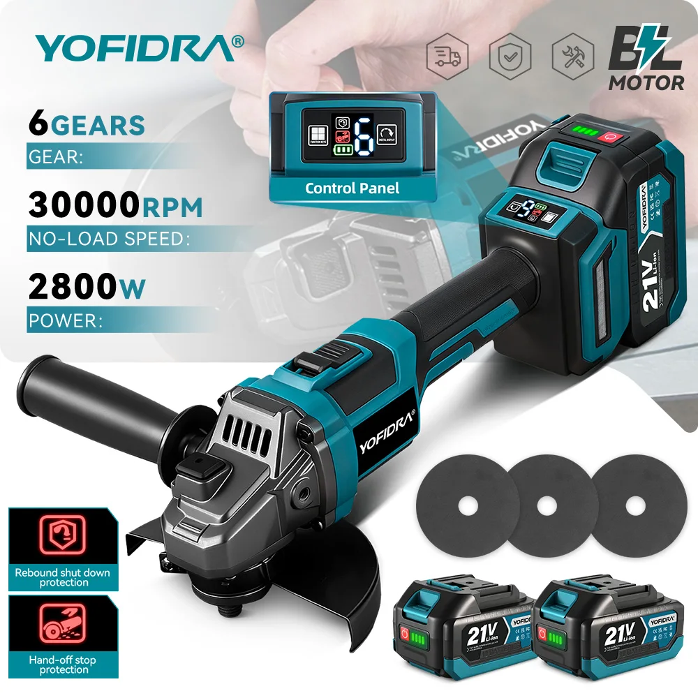 YOFIDRA 6-Gang Bürstenloser Elektrischer Winkelschleifer 30000 U/min Metall- und Holzschleifer Poliermaschine Schneidwerkzeug für Makita-Akkus