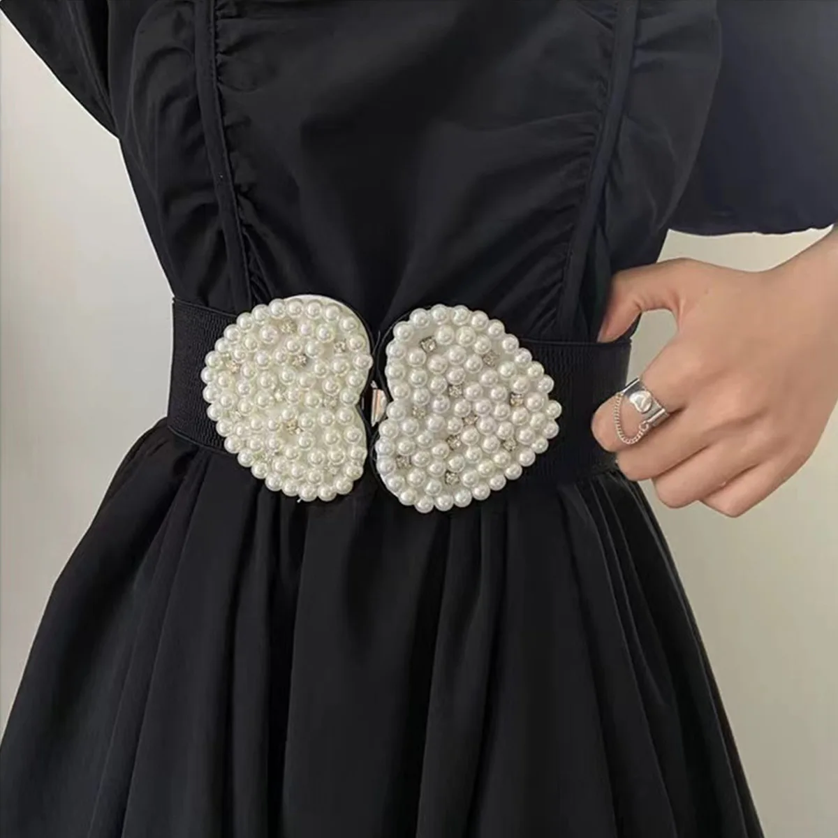 Sweet Pearl Belt Korean Heart Wide Waistband Fashionable Wide Belt for Women Female Dress Coat Accessories