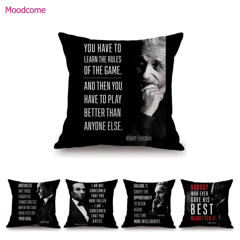 Black Sofa Throw Pillow Case Text Motivative Encouraging Quotes Einstain Steve Jobs Lincoln Words Letter Print Cushion Cover