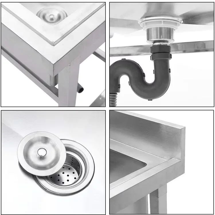 Commercial Hotel Kitchen Equipment Double Bowl Stainless Steel Sink with Work Table Square Shape and Two Holes view 3