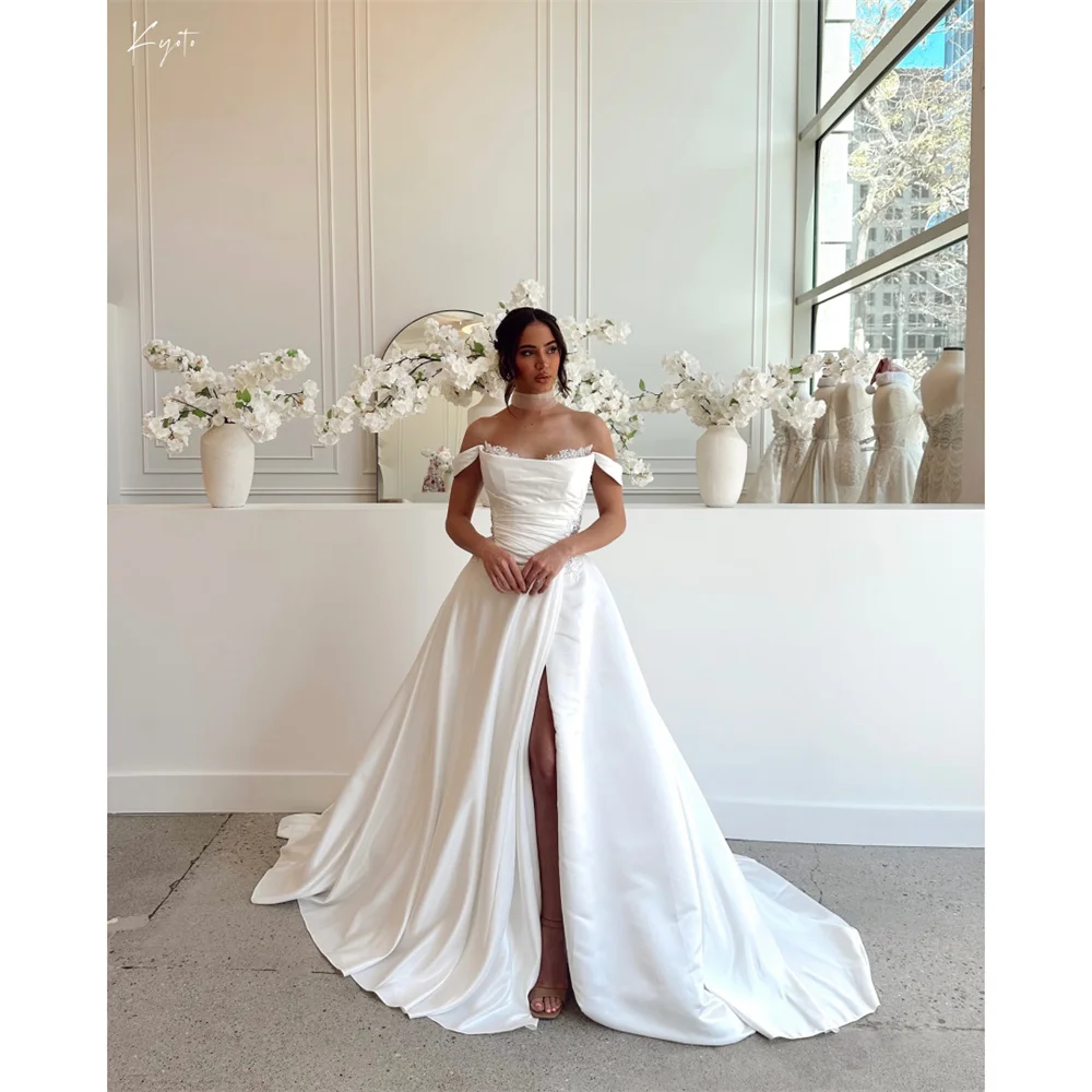 

Kyoto Customized White Off Shoulder Pleated Floral Wedding Dress A-line With Slit vestidos de novia Sweep Train Formal Evening