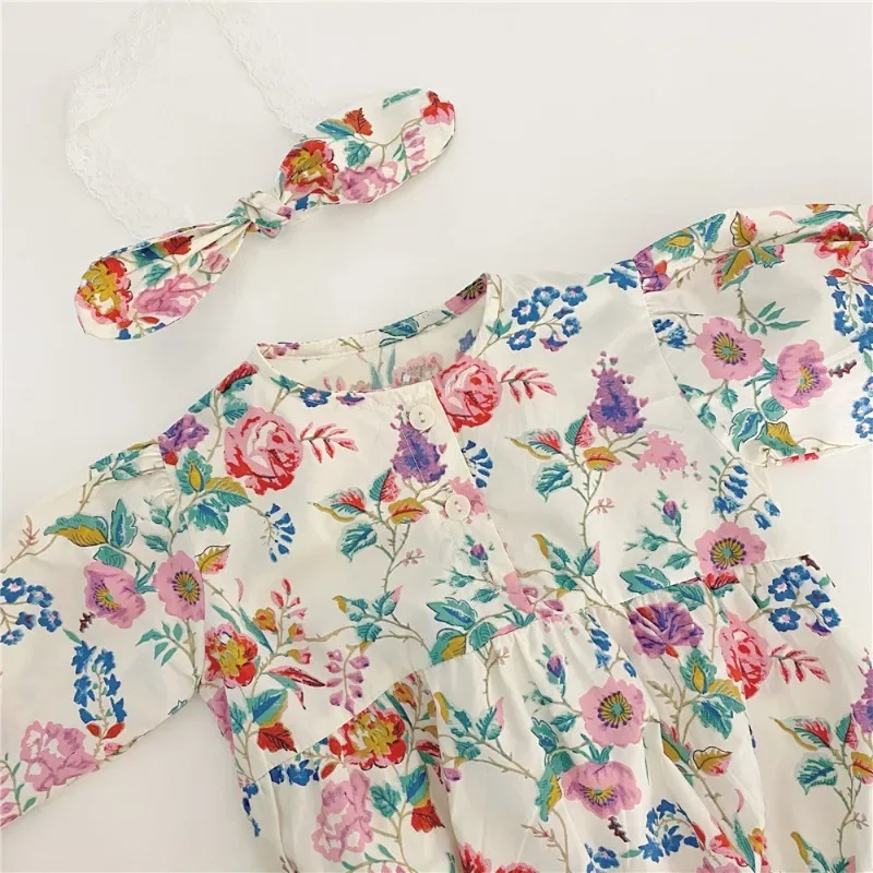 

New Girls One Piece Floral Bubble Sleeve Jumpsuit Loose Flower Fashion Spring Autumn Full Sleeve Sweet Outdoor