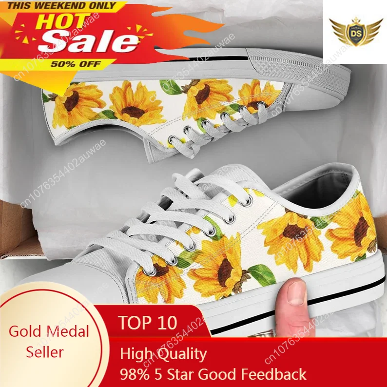 Classic Yellow Flower Sunflower Printing Canvas Shoes Women Daily Outdoor Light Sneakers Black White Flats For Teens