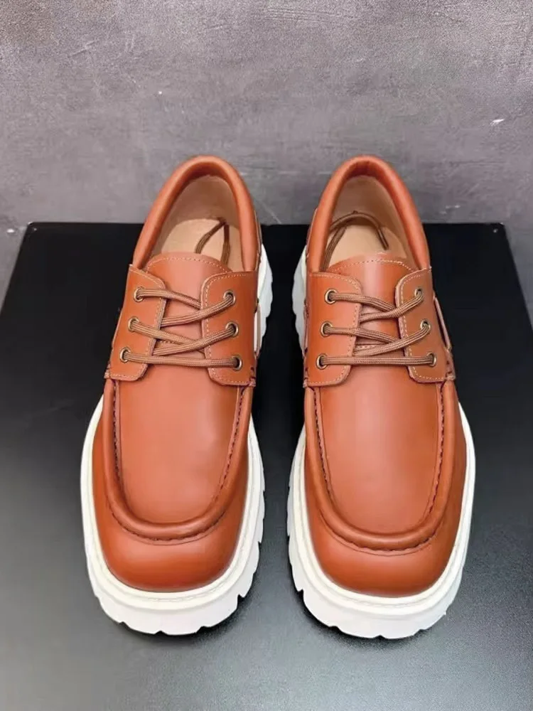Vintage Mens Thick Platform Cowhide Genuine Leather Dress Shoes Lace Up Business Work Formal Shoes Autumn New Designer Footwear
