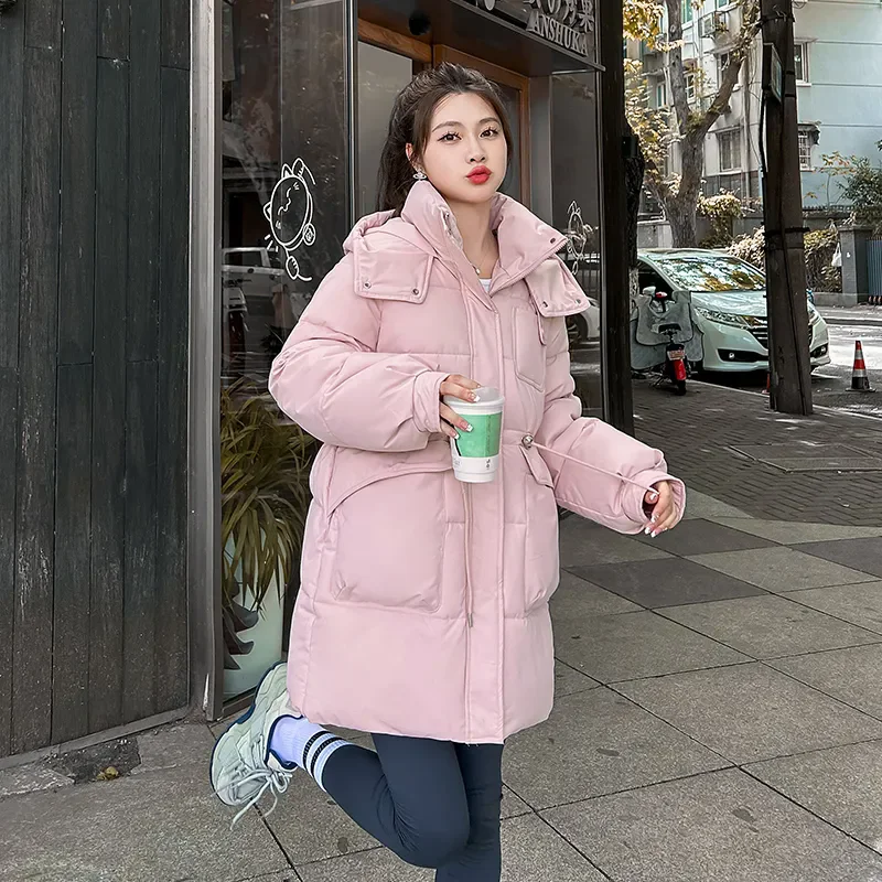 Winter Women Loose Mid Length Thick Warm Cotton Padded Coat Women Pink Hooded Long Sleeve Big Pocket Cotton Parkas Jacket Female