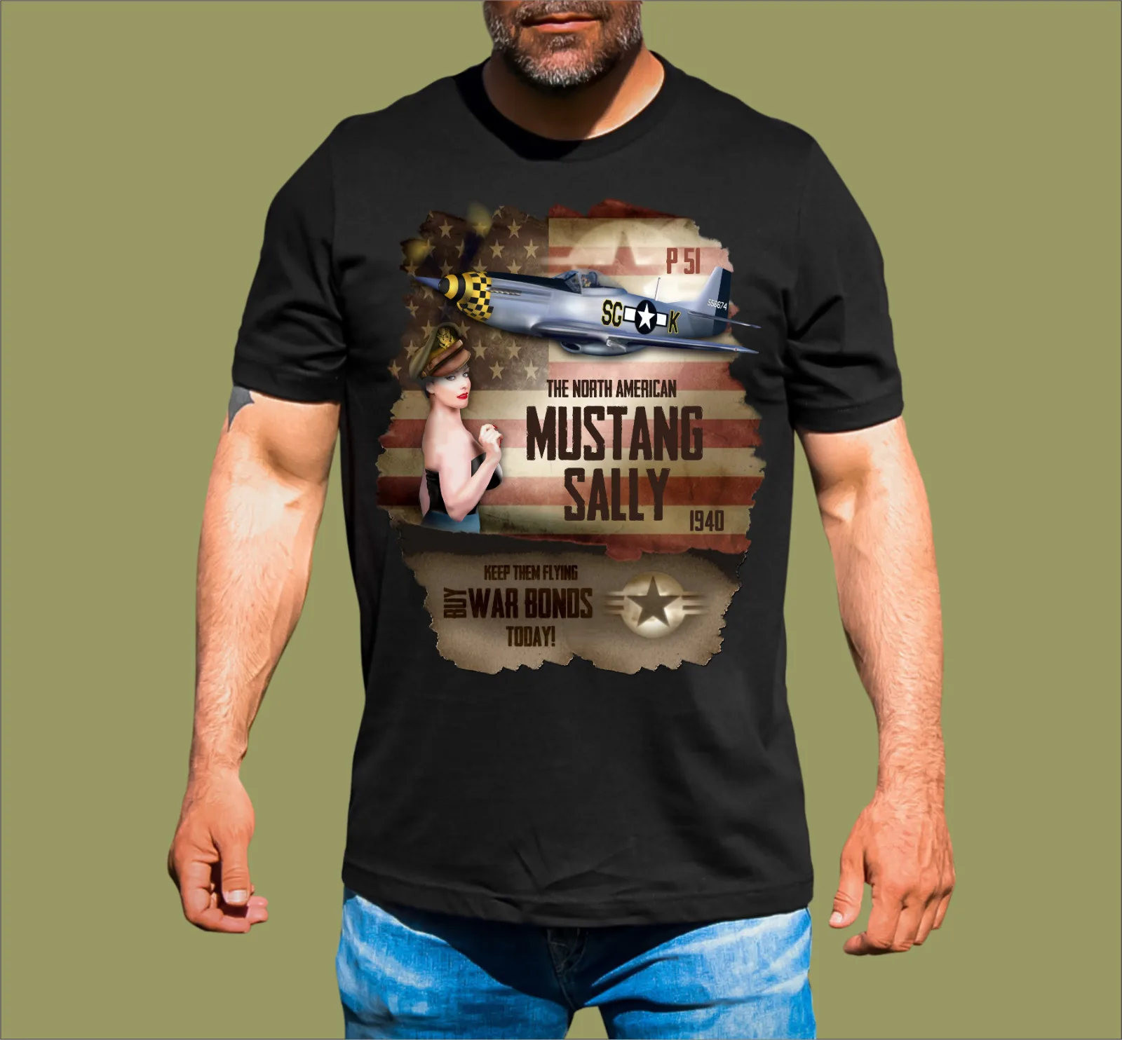 

Retro WWII War Plane Mustang Sally Fighter T-Shirt 100% Cotton O-Neck Short Sleeve Summer Casual Mens T-shirt Streetwear