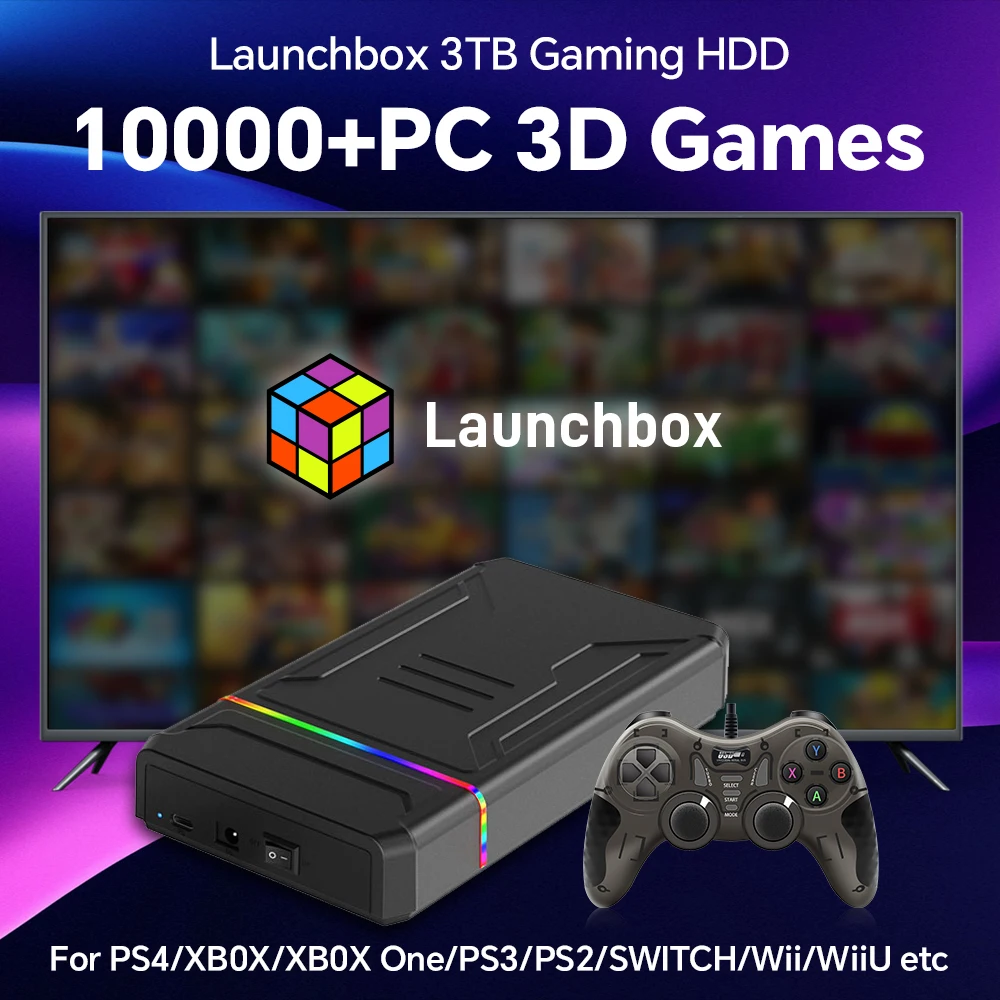 Launchbox 3TB Hard Disk Drive Retro Game HDD&Game controller With 10107+ Retro/3D Games&30+Emulators Plug & Play Faster Speed