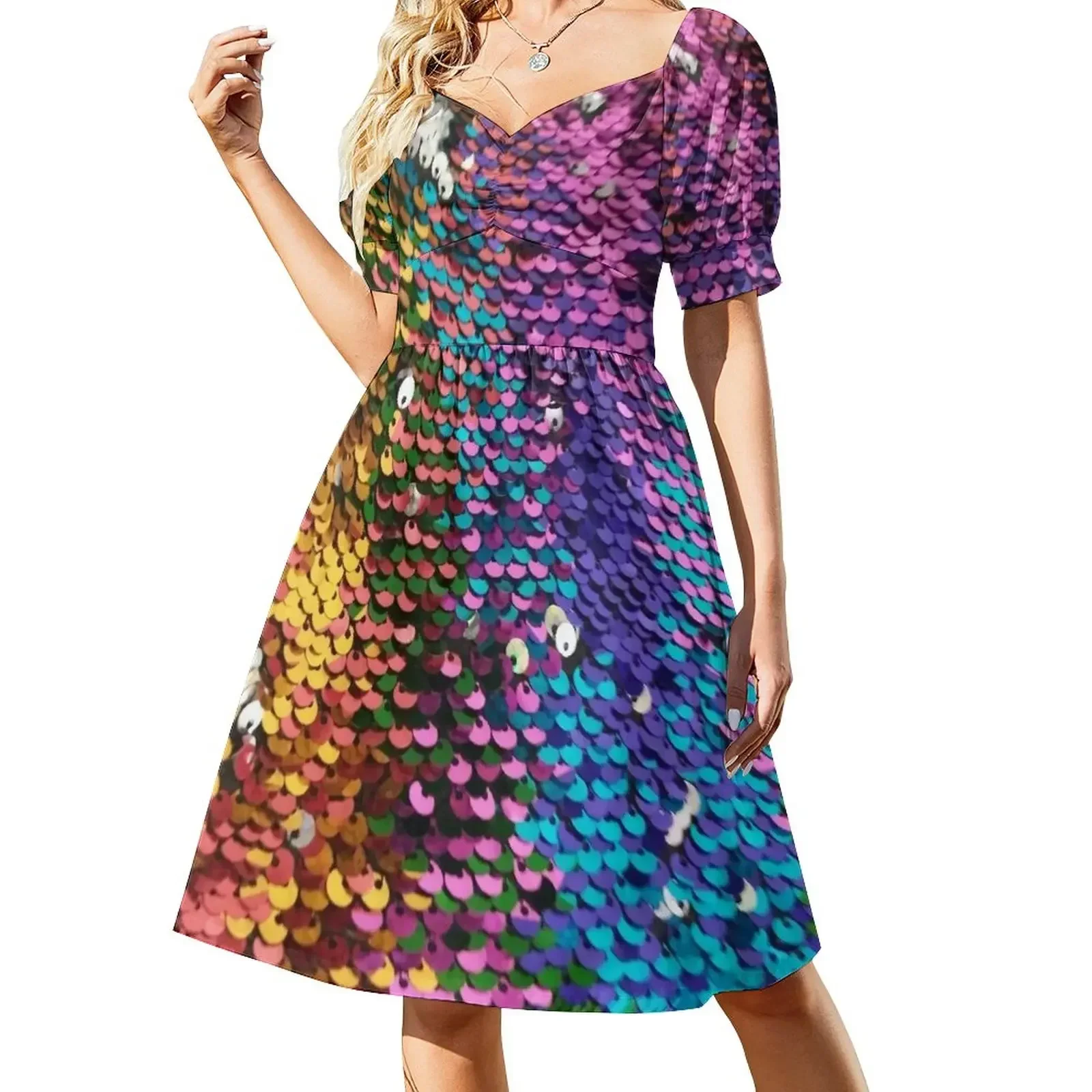 

Multi-colored Sequins Short-Sleeved Dress elegant party dress for women 2025 summer women's suit Long veiled dresses Dress
