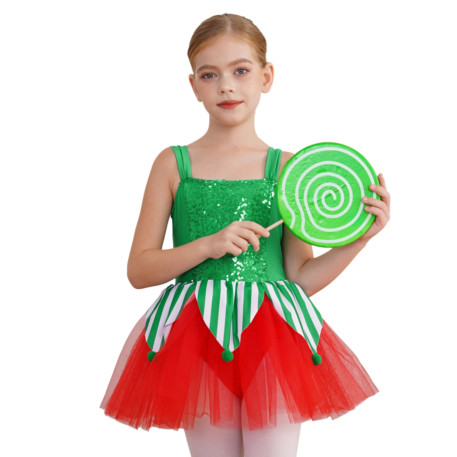 Kids Girls Christmas Performance Costume Striped Triangle And Velvet Pom-poms Mesh Patchwork Sequins Jumpsuit A-Line Dress