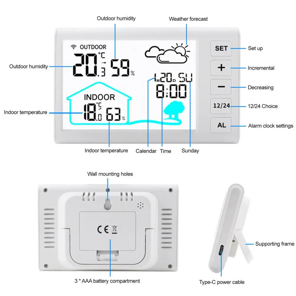 時間・天気モニター ワイヤレス気象観測ステーション 気圧計センサー付き 室内/屋外温度湿度監視 4.4インチ液晶ディスプレイ