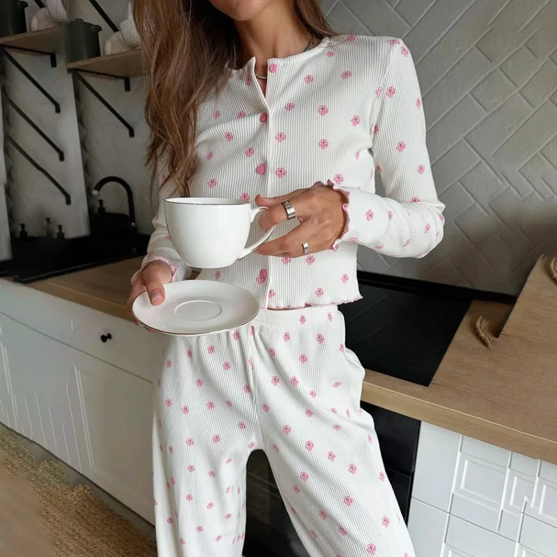 

2025 Autumn Europe America Women's Long Sleeve Long Pants Knitted Pajamas Set with Printed Cardigan Comfortable Lounge Wear