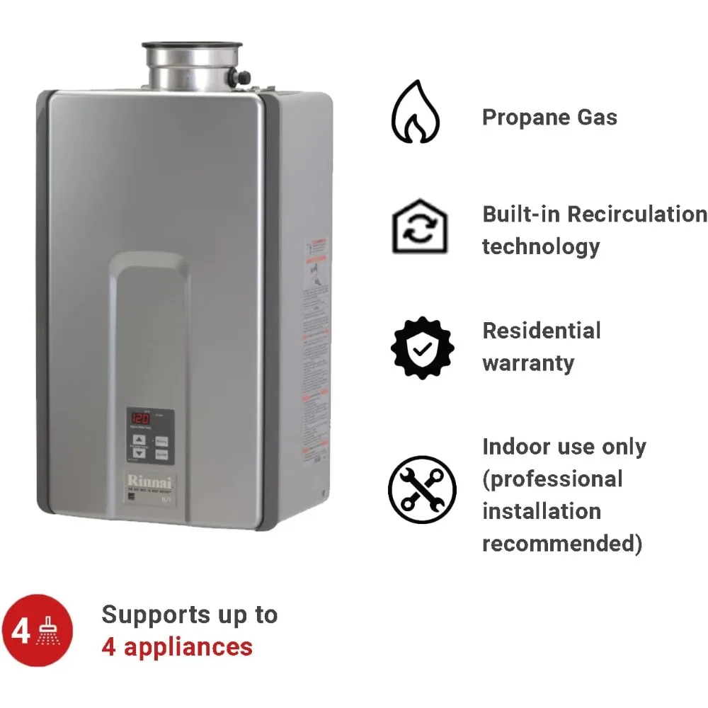 Tankless Hot Water Heater, 7.5 GPM, Propane, Indoor Installation