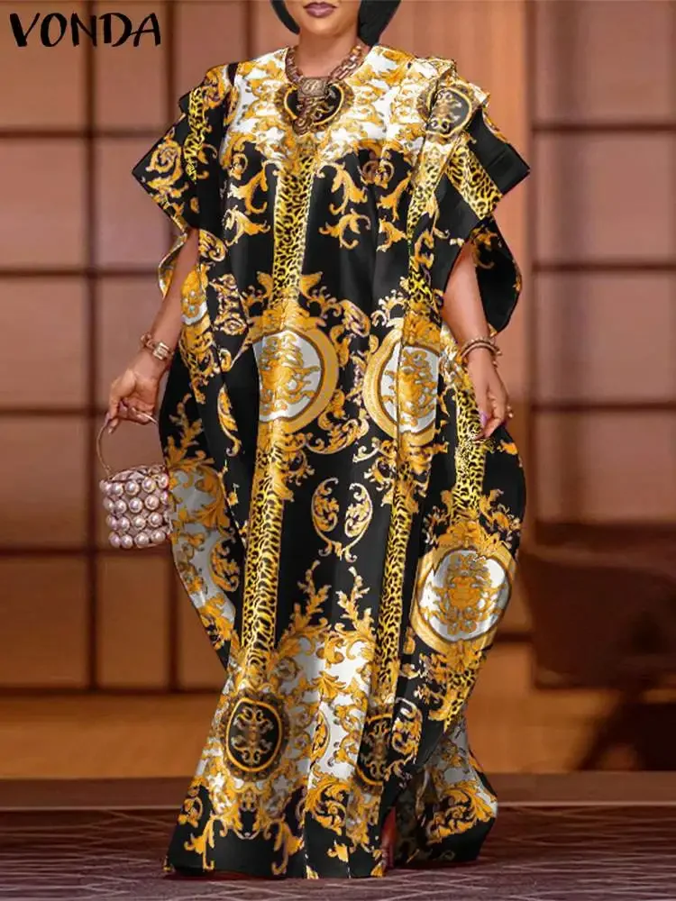 VONDA de talla grande 5XL moda 2024 elegante vestido de satén Maxi vestido largo Sexy estampado Patchwork manga de ala de murciélago Vestidos bata con volantes