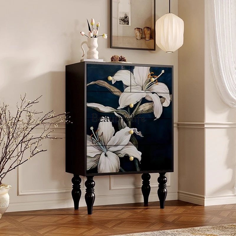

French retro flower porch tall cabinet solid wood storage cabinet