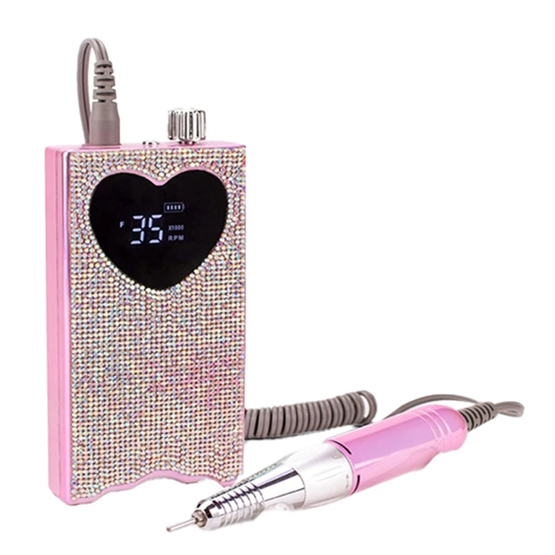 Electric Nail Drill With Rhinestone Rechargeable Nail File 35000 RPM Heart Shape Wireless Pedicure Grinder EU PLUG