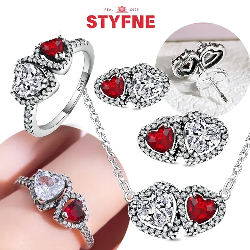 New Silver S925 Shiny Red Heart-shaped Jewelry Sets Double Heart Classic Ring Necklace Earrings Luxury Jewelry Gifts for Women