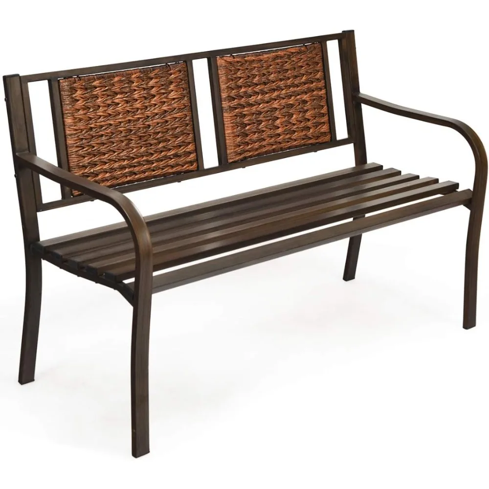 Outdoor Garden Bench, Brown, Iron, Metal, Polyethylene, Rattan, 50.5 in Width, 2 Adults