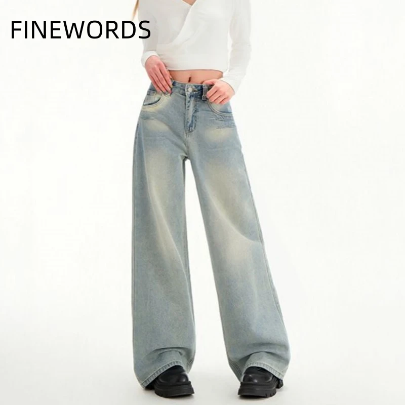 FINEWORDS Vintage Washed Casual Korean High Waist Jeans Women Streetwear Wide Leg Baggy Jeans Easymatch Loose Denim Pants