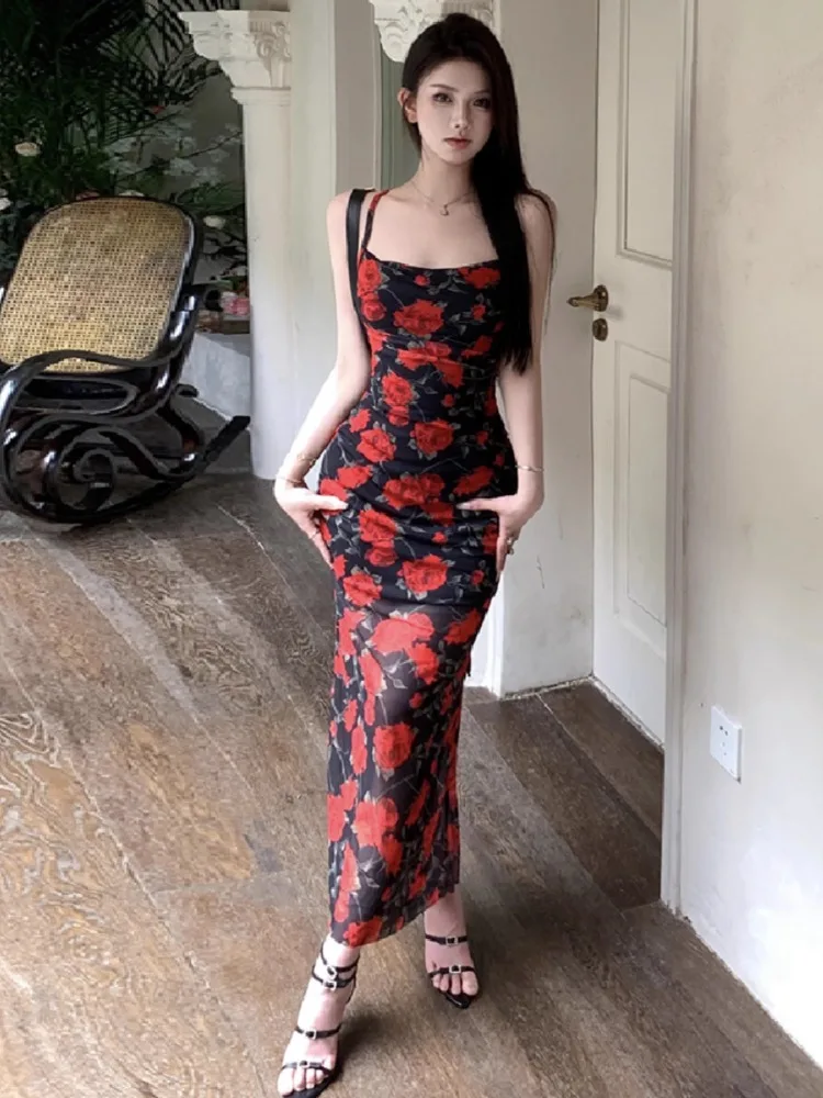 Robe longue à bretelles imprimée, dos nu, Sexy, Vintage, épicée, taille haute, Slim Fit, robes de soirée