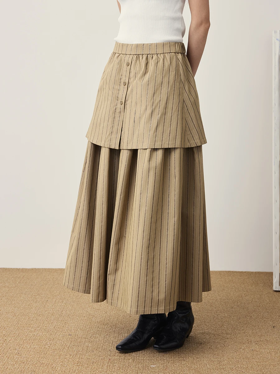 

CAREMIND Japanese Style Double Layer A-Line Skirt Cotton Glowing Stripe Long Skirts Women's Casual High Waist Skirts