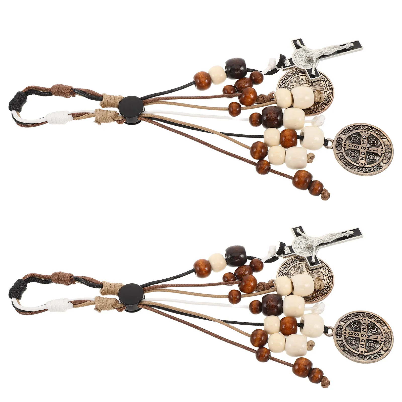 2Pcs Saint Benedict Cross Handmade Hanging Charm Natural Wood Bead Crucifix Catholic Car Rearview Mirror Home Door Rosary