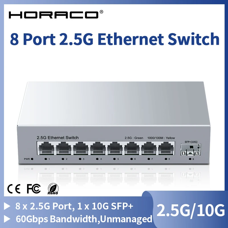 

8 Port 2.5GbE Ethernet Switch Unmanaged 2.5Gbps Network Switch 1 Port 10Gb SFP+ Slot Home Lab Setup Switch Plug and Play