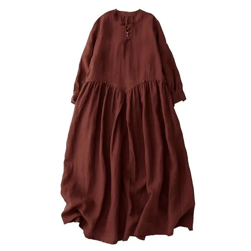 

2025 New Spring Artistic Cotton and Hemp Women's Dress Korean Fashion 8-inch Sleeve Doll Dresses Casual Womens Clothing