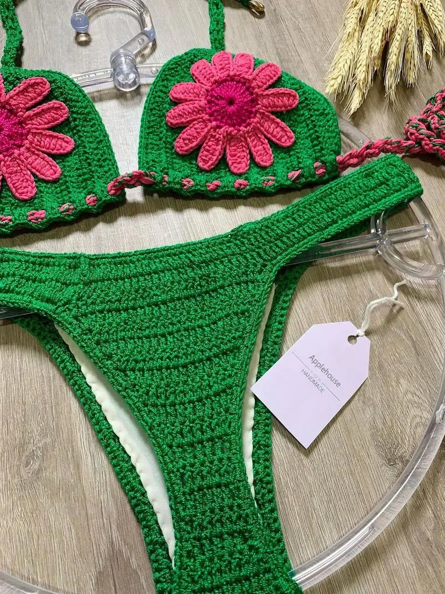 Conjunto De microbikini para Mujer, traje De baño De ganchillo con estampado De flores, Copa ajustable, ropa De playa