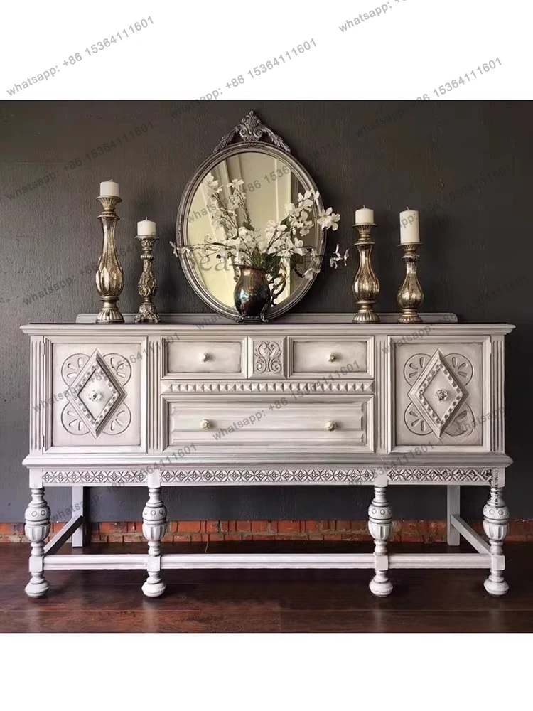 French vintage American solid wood carved storage cabinet white used sideboard
