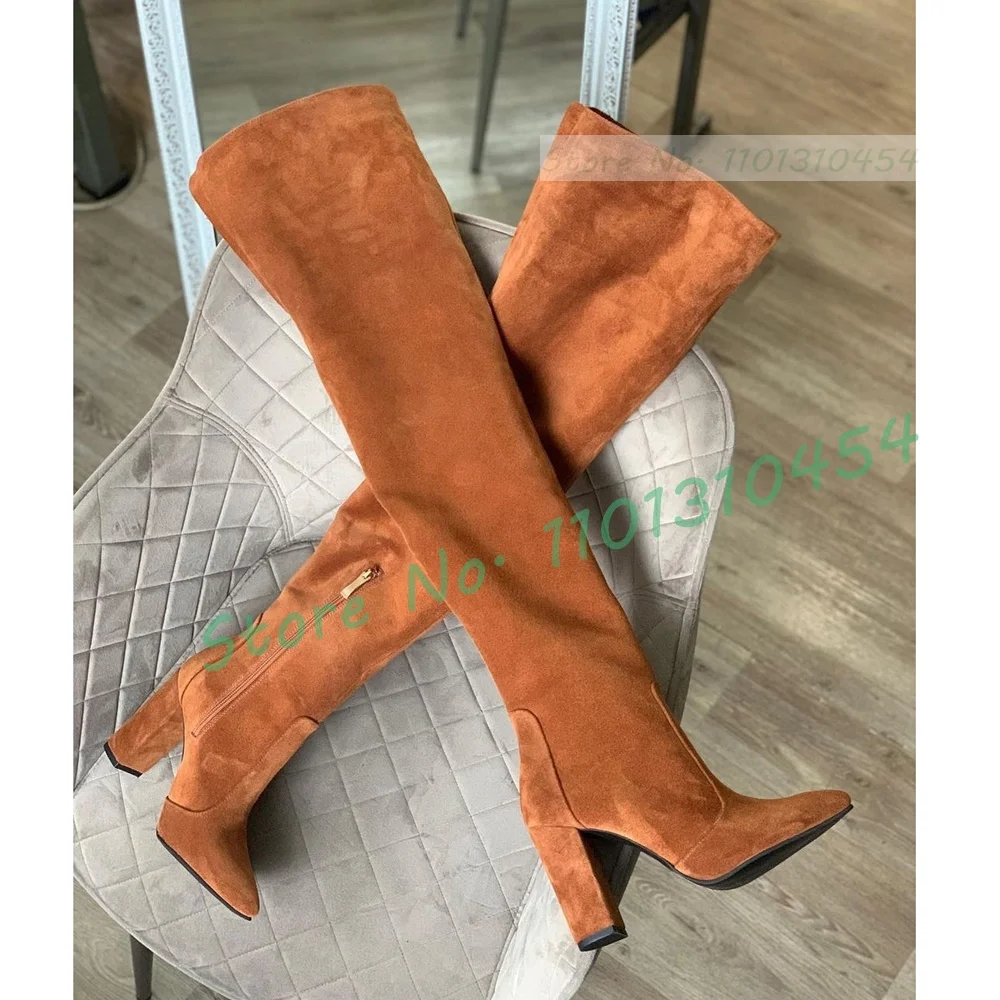 Brown Splicing Thigh High Boots With Stiletto Heel Women Pointy Toe Leggy High Heels Zipper Boots Female Winter Suede Dress Shoe