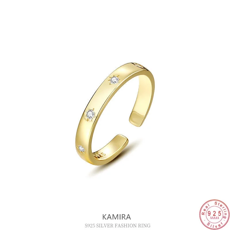 KAMIRA 925 Sterling Silver Shiny Small Star Zircon Open Finger for Women Minimalist Daily Accessories Couple Unisex Fine Jewelry