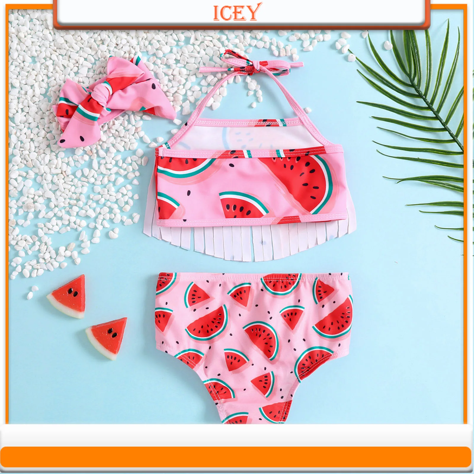 Cute Tiger Girls Swimsuit Wholesale Watermelon Print Tassel Sling Split 3-piece Set with A Cute Bow Tie