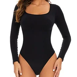 Dimmkof Square neck Thong Bodysuits Long Sleeve Shapewear Thong Butt Lifting Bodysuit Compression Body Shaper Tops Open Crotch