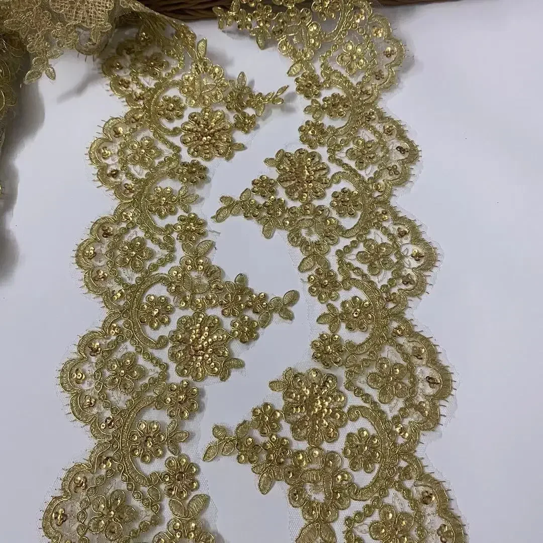 1Yard Gold Fabric Flower Venise Venice Sequins Mesh Lace Trims Applique Sewing Craft for Bride Wedding Dresses 15cm Width