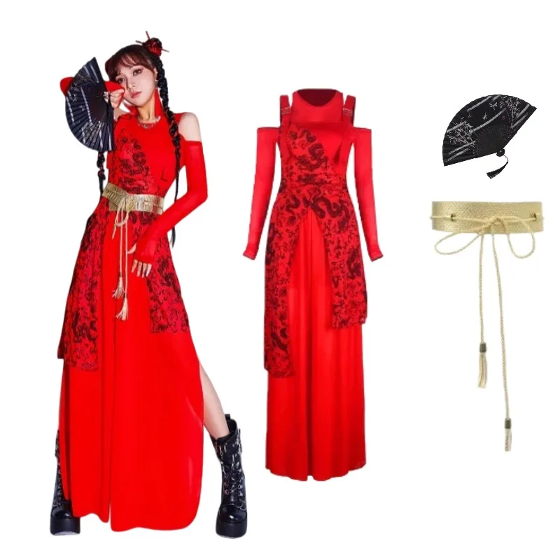 

Женская одежда в китайском стиле в стиле хип-хоп, джазовая танцовщица, красный костюм для девочек, групповые танцоры Gogo, одежда для выступлений на сцене, наряд для косплея