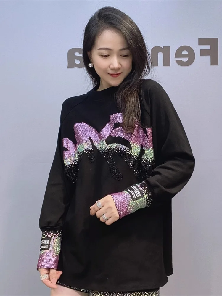 

Heavy Duty Women's Loose Inner Wear T-Shirt Long Sleeve Thickened plus Size Base Shirt Diamond Embellished Casual Style Cotton