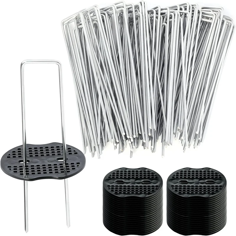 40PCS Garden Pegs U-shaped Ground Pegs Heavy Duty Metal Pins Spikes Ground Staple with 30pcs Buffer Washers for Securing Weed