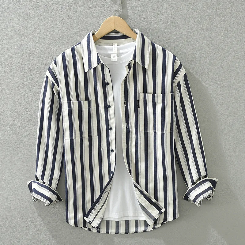 

Облегающий повседневный мужской длинный све irt, весна 2024, новинка Sle с эластичным узором в полоску, американский Sle, смесь хлопка и полиэстера