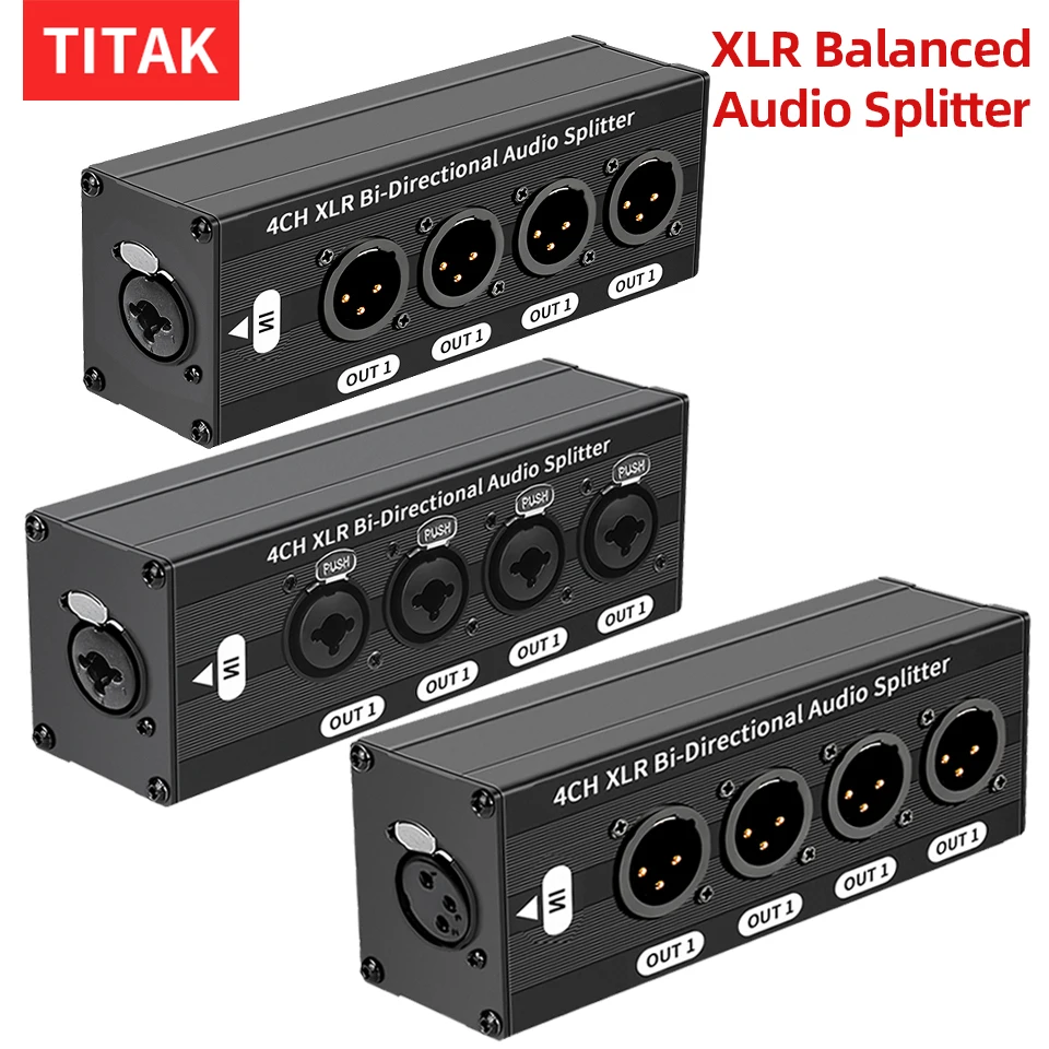 

Аудиоразветвитель TITAK XLR 1x4, сбалансированный, 6.5 XLR, 1 вход 4 выхода, 4 входа 1 выход, двунаправленный, блок распределения аудиосигнала