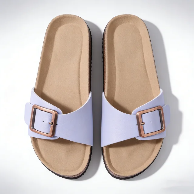 Bebealy Women's Cork Footbed Slippers Summer Leather Beach Flip Flops with Adjustable Buckle Lady Clogs Sandal With Arch Support
