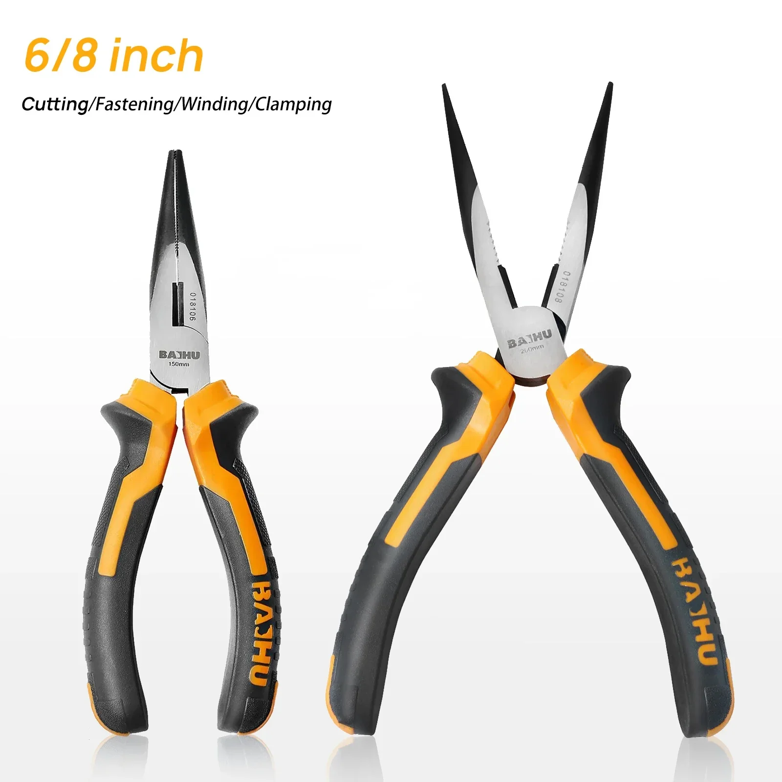 6/8-Inch Two-Color Handle Multi-Purpose Long Nose Pliers for Cutting Clamping and Stripping Electrician's Repair Hand Tools