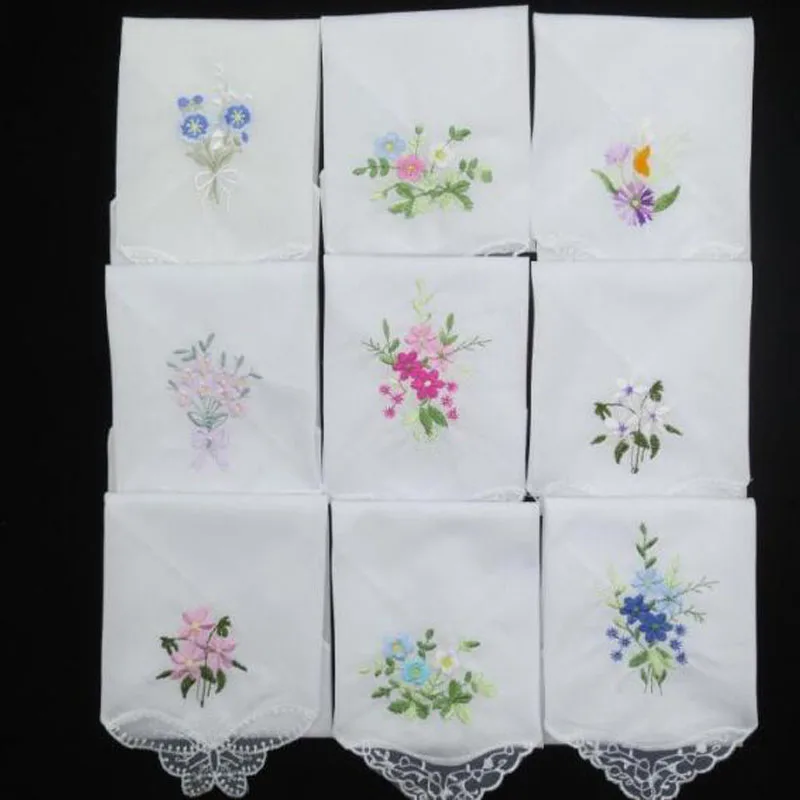 3PCS Fashion Cotton Women Hankies Embroidered Lace Flower Hanky Floral Random Color Cloth Ladies Handkerchief Fabrics gift