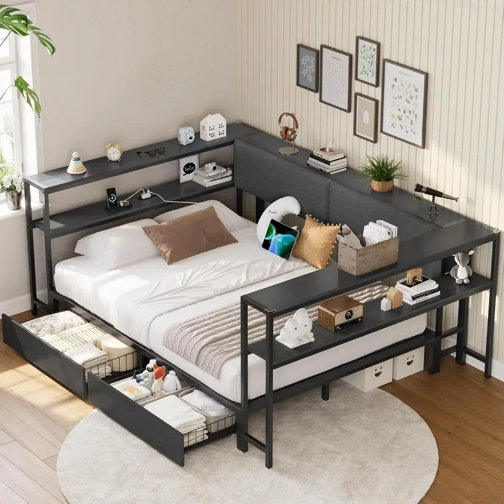 Letto matrimoniale angolare con 2 cassetti e spazio di archiviazione nascosto, lettini a grandezza naturale con stazione di ricarica, letti con piattaforma in metallo