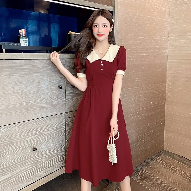 

Летнее женское модное платье с воротником Питер Пэн, с высокой талией, А-силуэт, короткий рукав, длинное, из полиэстера, для повседневной носки