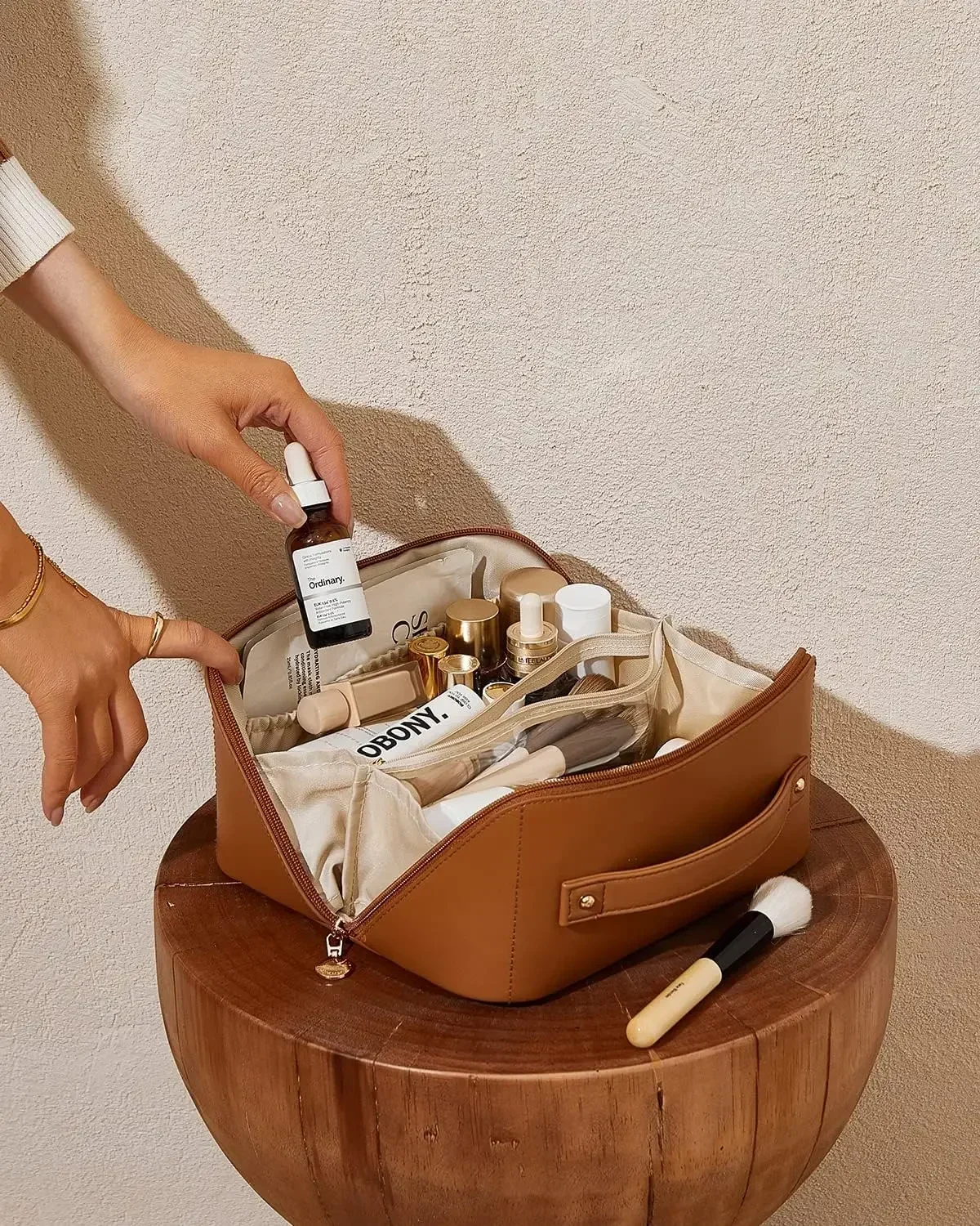 EACHY Borsa per il trucco da viaggio, borse per cosmetici di grande capacità per donna, borsa da toilette piatta aperta con custodia portatile