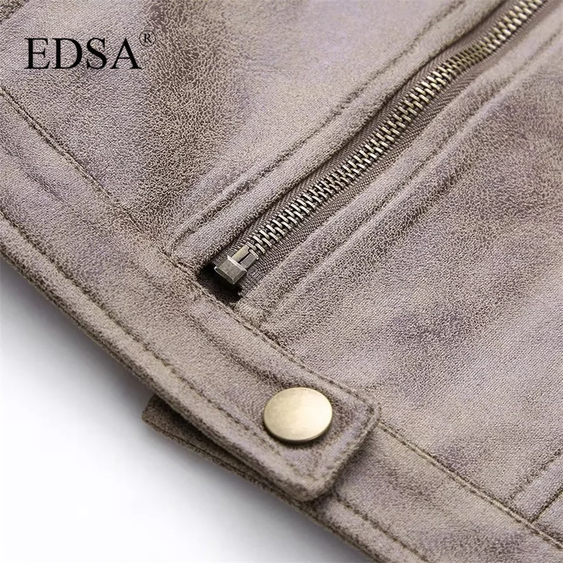 EDSA Women Suede Jacket Solid Color Motorcycle Style Vintage Slim Bomber Jacket Outerwear